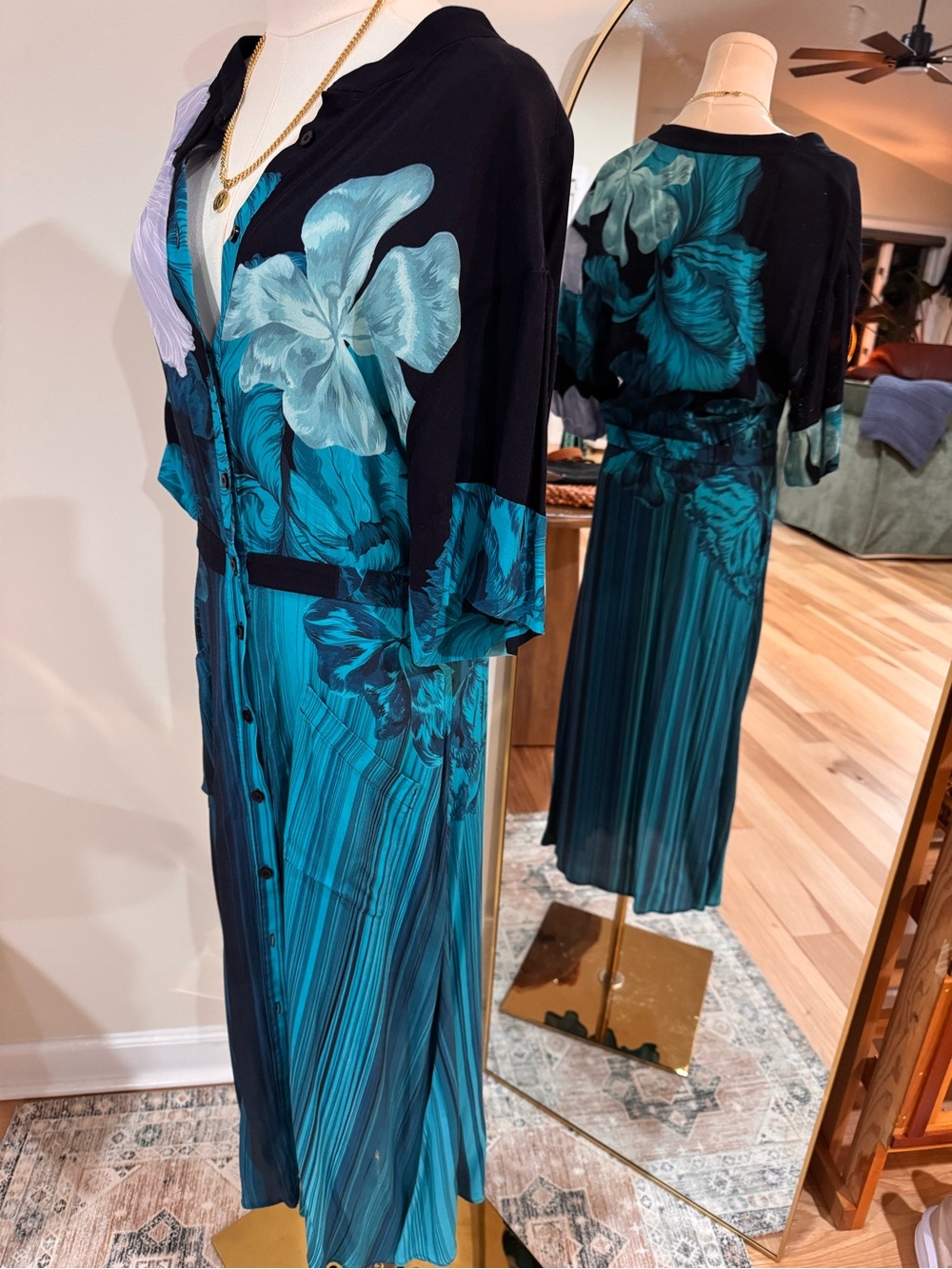 THE KIT teal floral pleated midi dress
